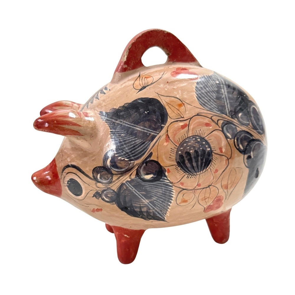 Vintage Tonala Folk Art Mexican Clay Pottery Hand Painted Ceramic Piggy‎ Bank
